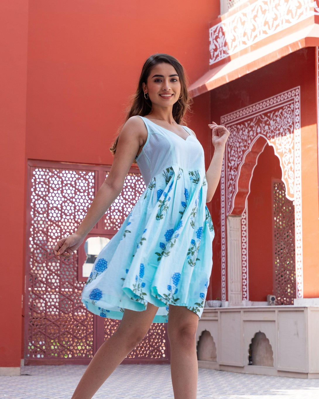 Women's Aqua Block Butta Print Short Dress - Baisacrafts - Indiakreations