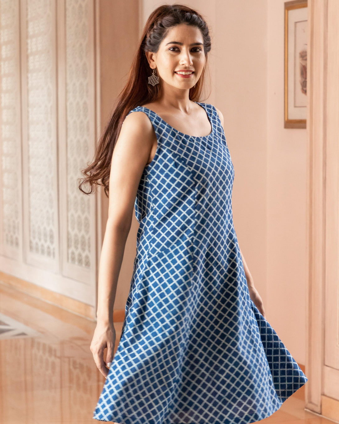 Women's Indigo Boat Neck Shift Short Dress - Baisacrafts - Indiakreations