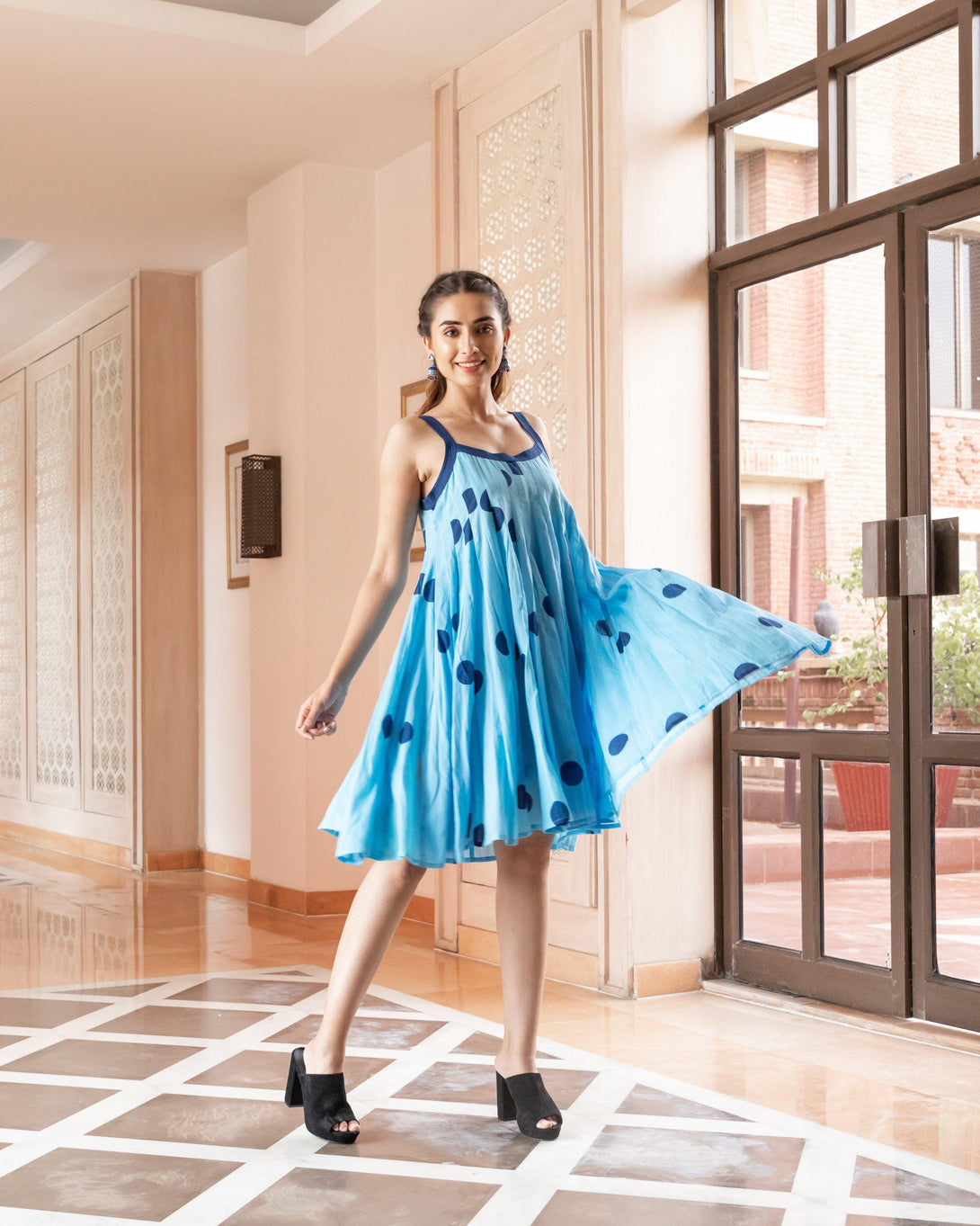 Women's Sky Blue Polka Dot Dress - Baisacrafts - Indiakreations