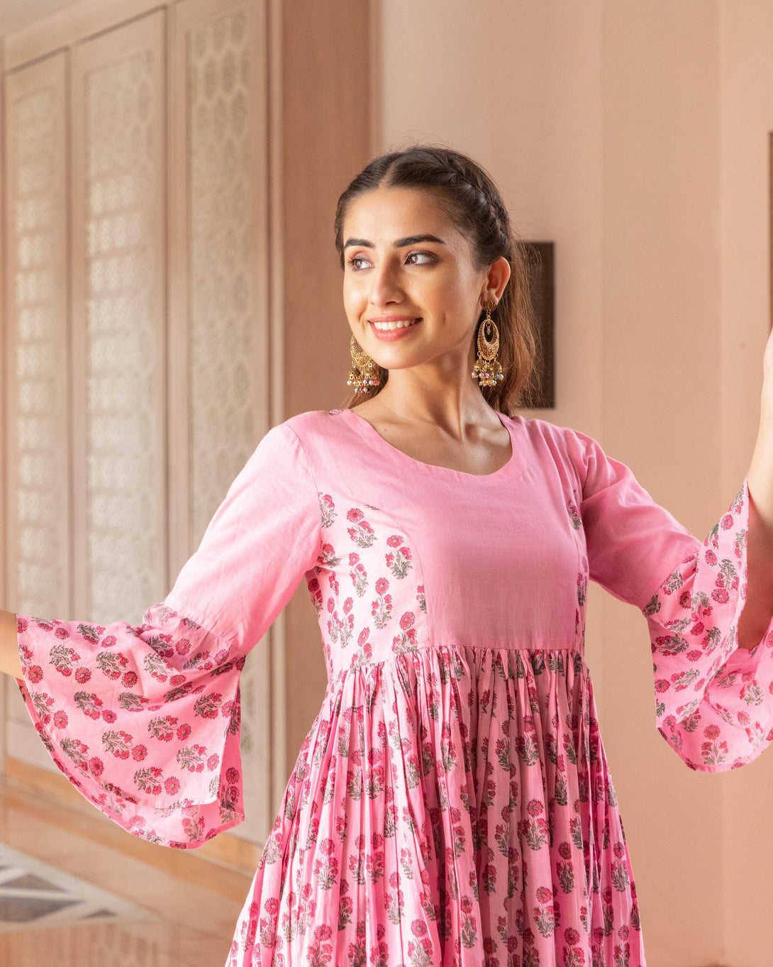 Women's Baby Pink Block Print Short Dress - Baisacrafts - Indiakreations