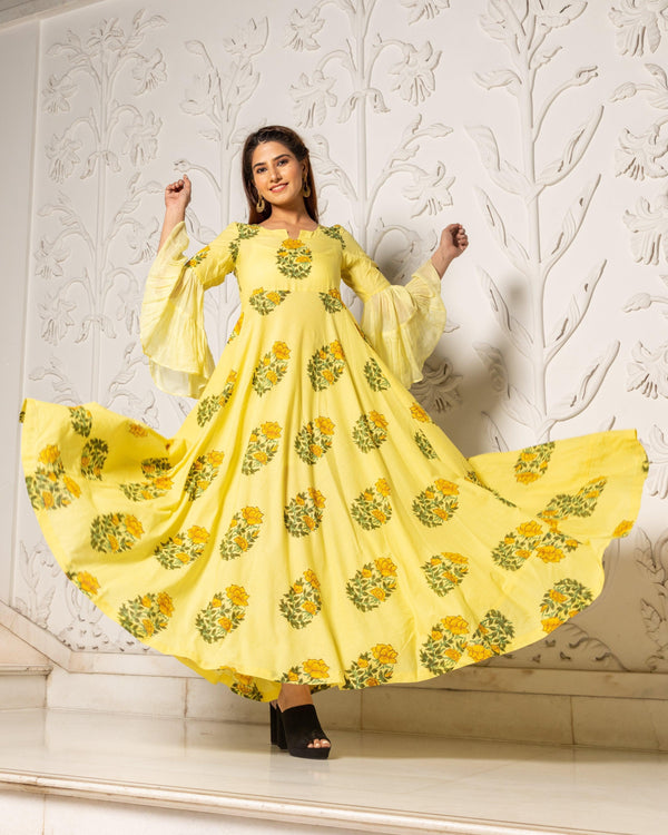 Women's Yellow Mugal Butta Print Dress - Baisacrafts - Indiakreations