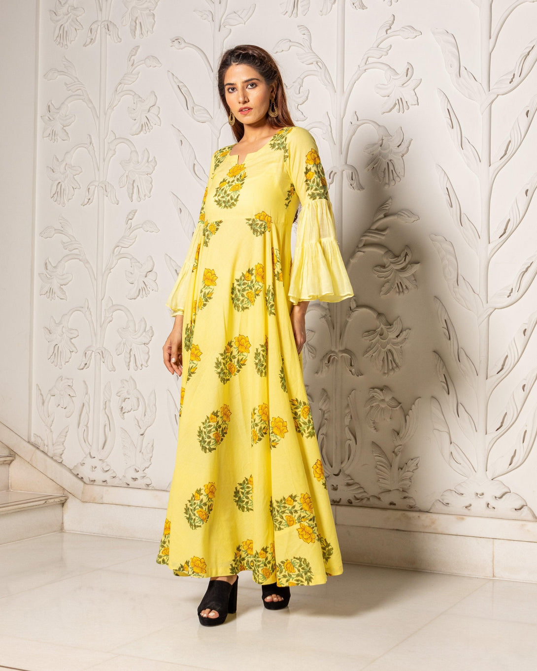 Women's Yellow Mugal Butta Print Dress - Baisacrafts - Indiakreations