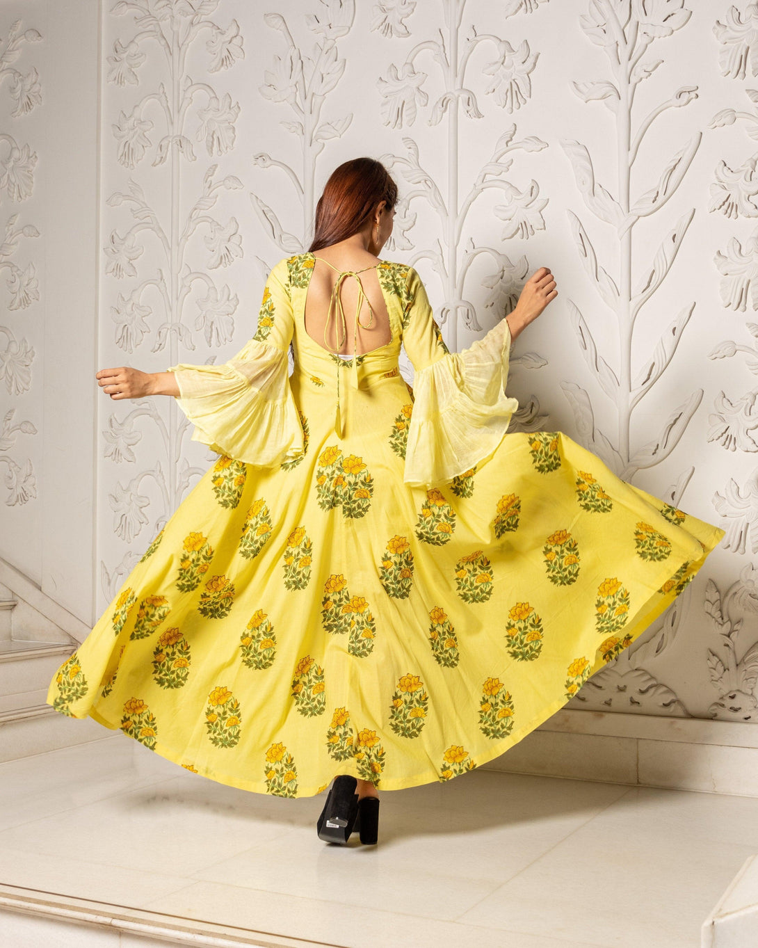 Women's Yellow Mugal Butta Print Dress - Baisacrafts - Indiakreations