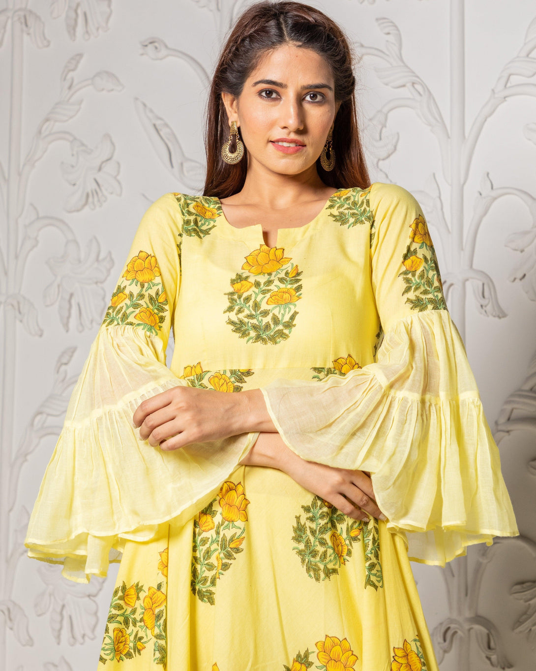 Women's Yellow Mugal Butta Print Dress - Baisacrafts - Indiakreations