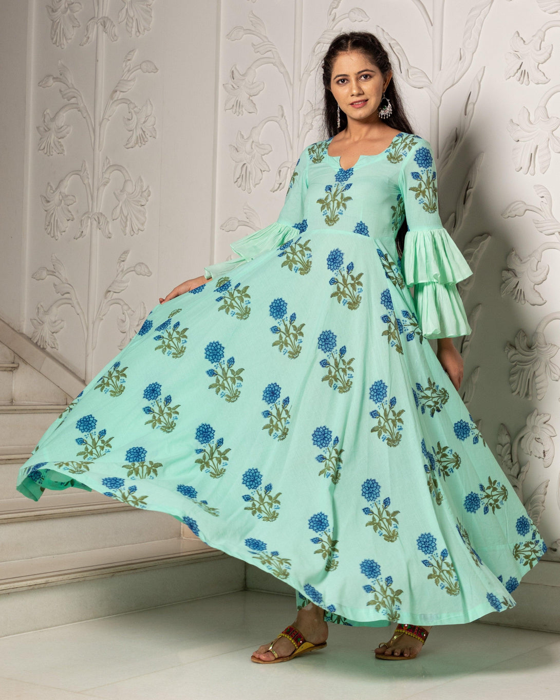 Women's Sea Green Block Butta Dress - Baisacrafts - Indiakreations