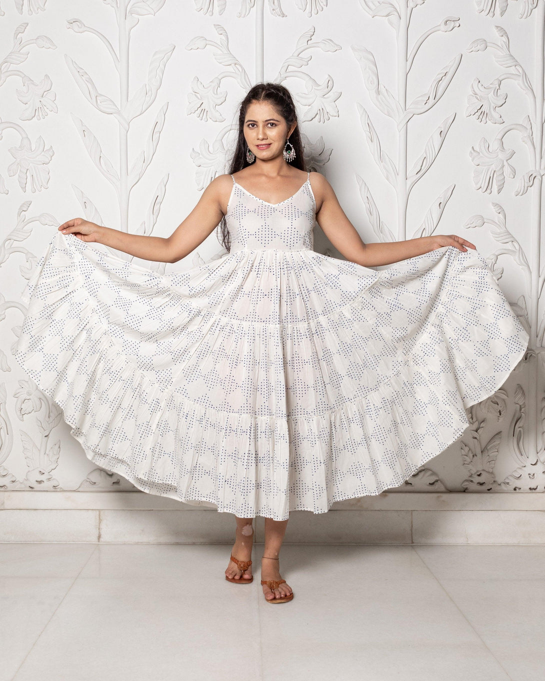 Women's Blue & White Geometric Block Print Tyre Dress - Baisacrafts - Indiakreations