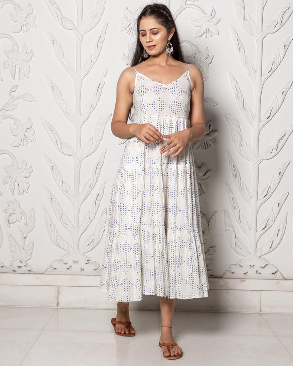 Women's Blue & White Geometric Block Print Tyre Dress - Baisacrafts - Indiakreations