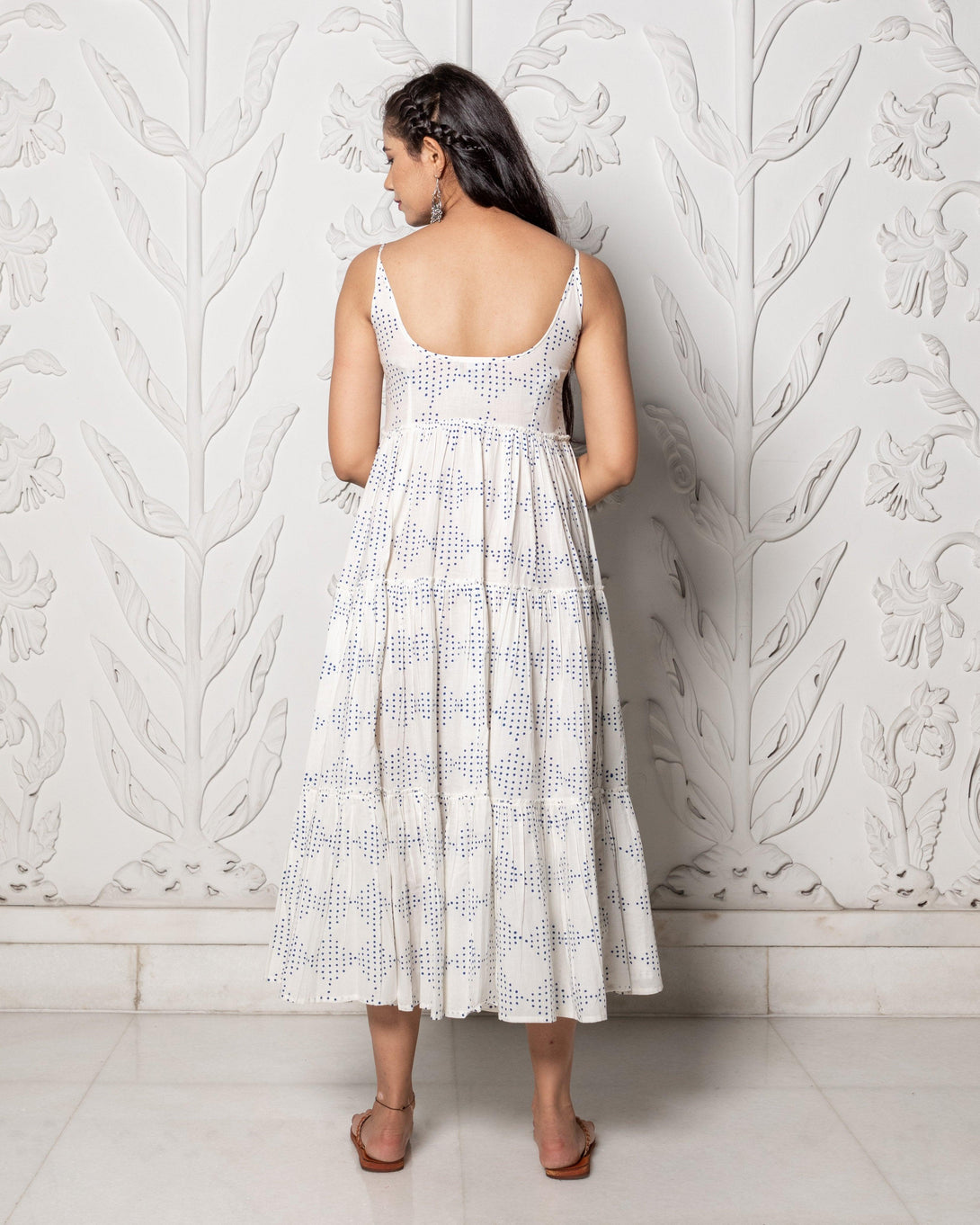 Women's Blue & White Geometric Block Print Tyre Dress - Baisacrafts - Indiakreations