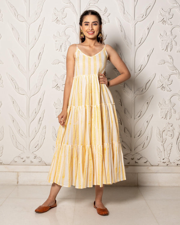 Women's Yellow & White Geometric Block Print Tyre Dress - Baisacrafts - Indiakreations