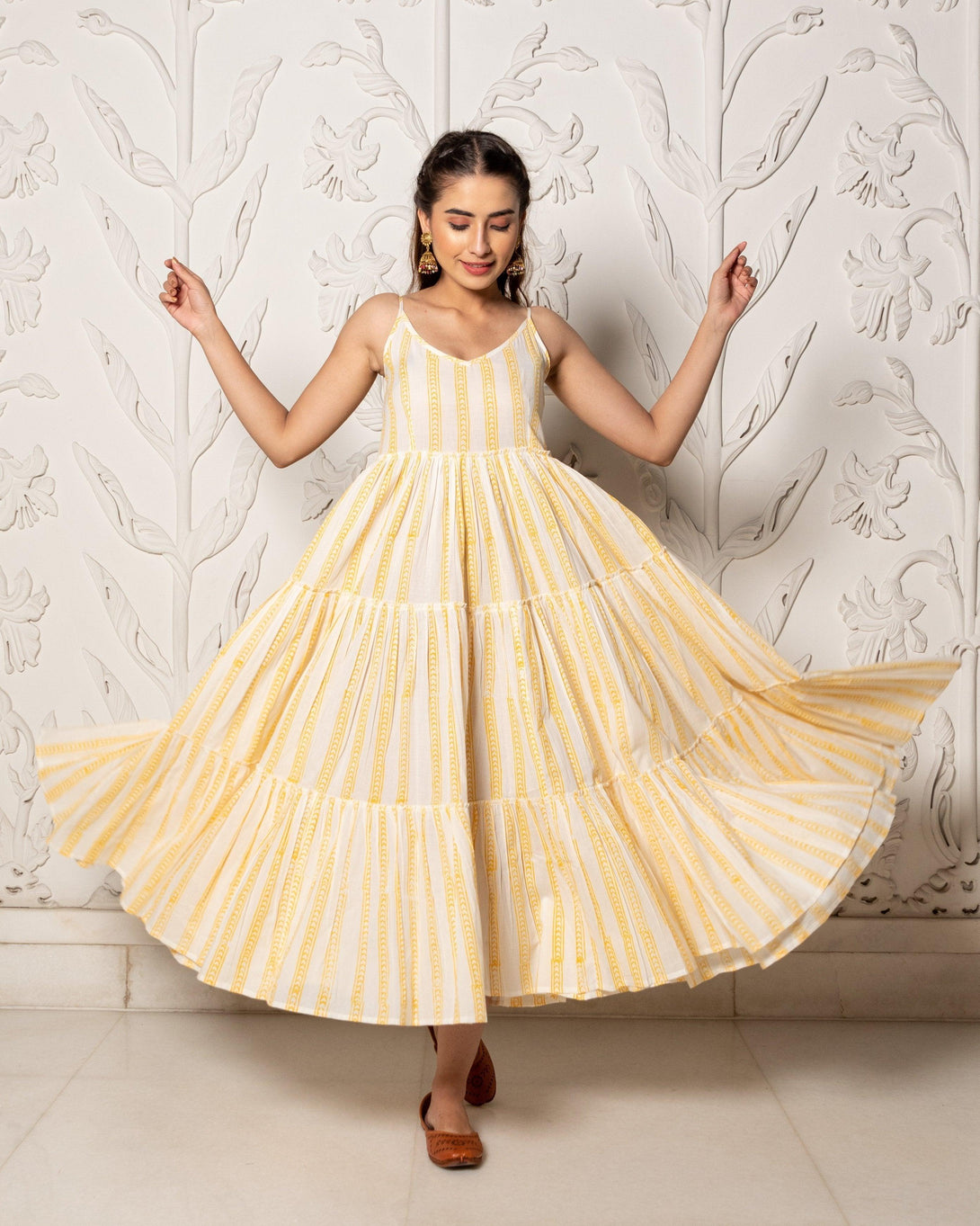 Women's Yellow & White Geometric Block Print Tyre Dress - Baisacrafts - Indiakreations