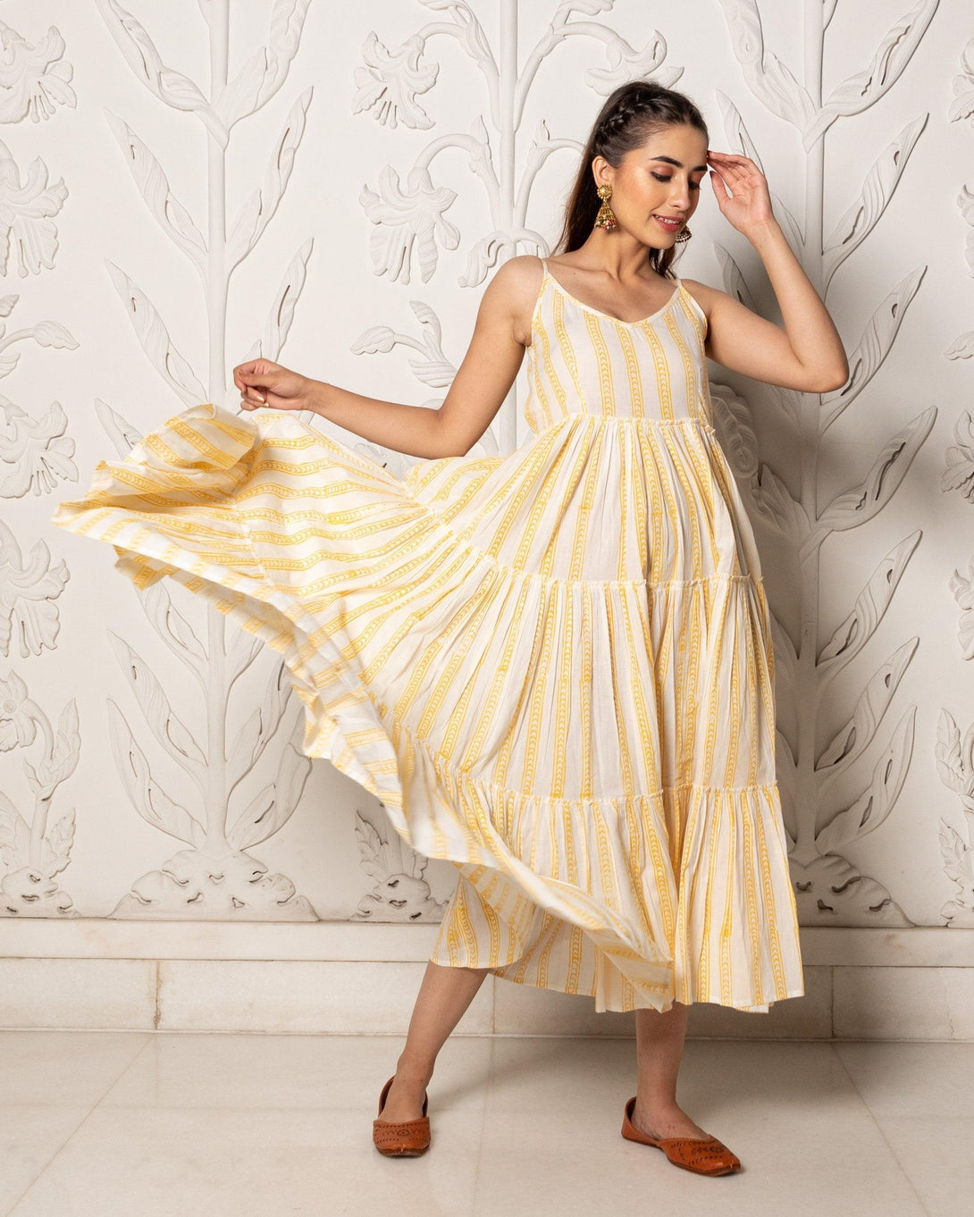 Women's Yellow & White Geometric Block Print Tyre Dress - Baisacrafts - Indiakreations