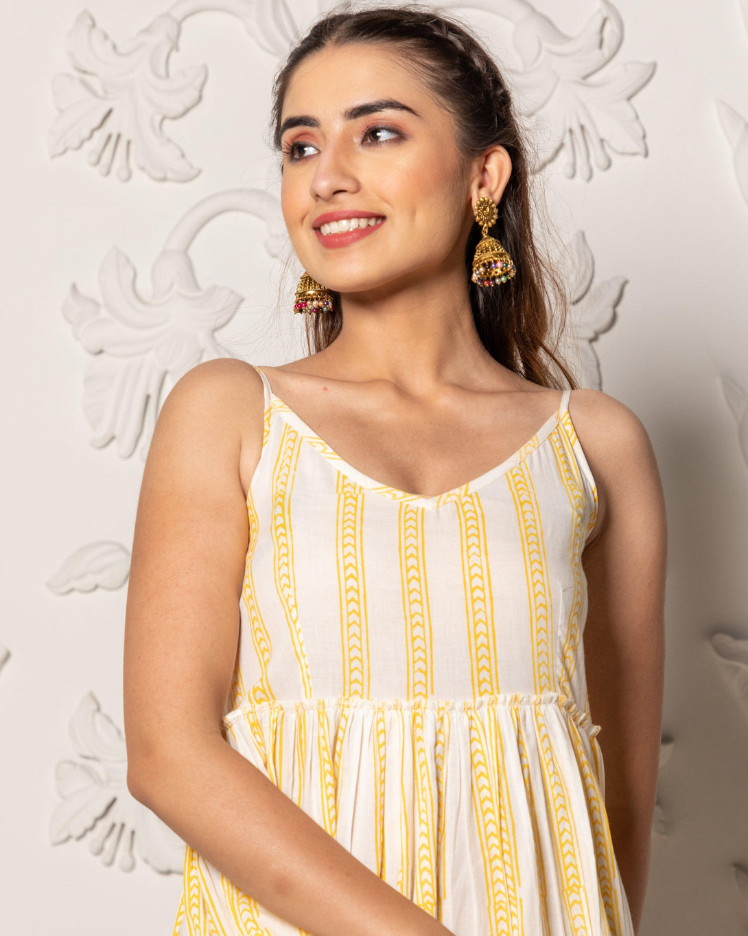 Women's Yellow & White Geometric Block Print Tyre Dress - Baisacrafts - Indiakreations