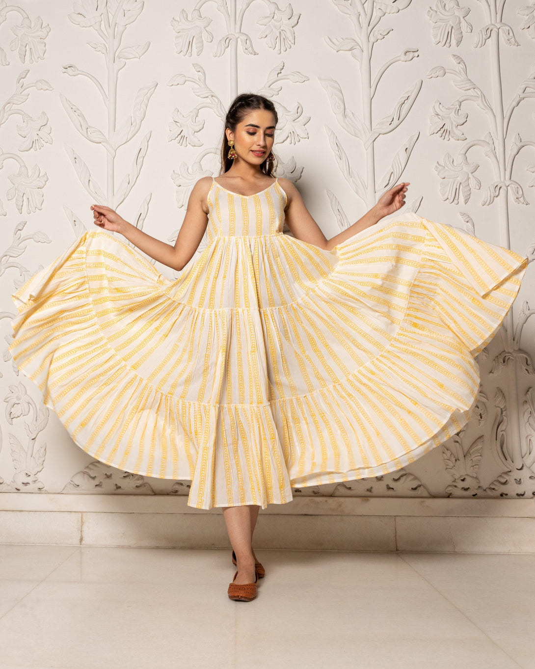 Women's Yellow & White Geometric Block Print Tyre Dress - Baisacrafts - Indiakreations