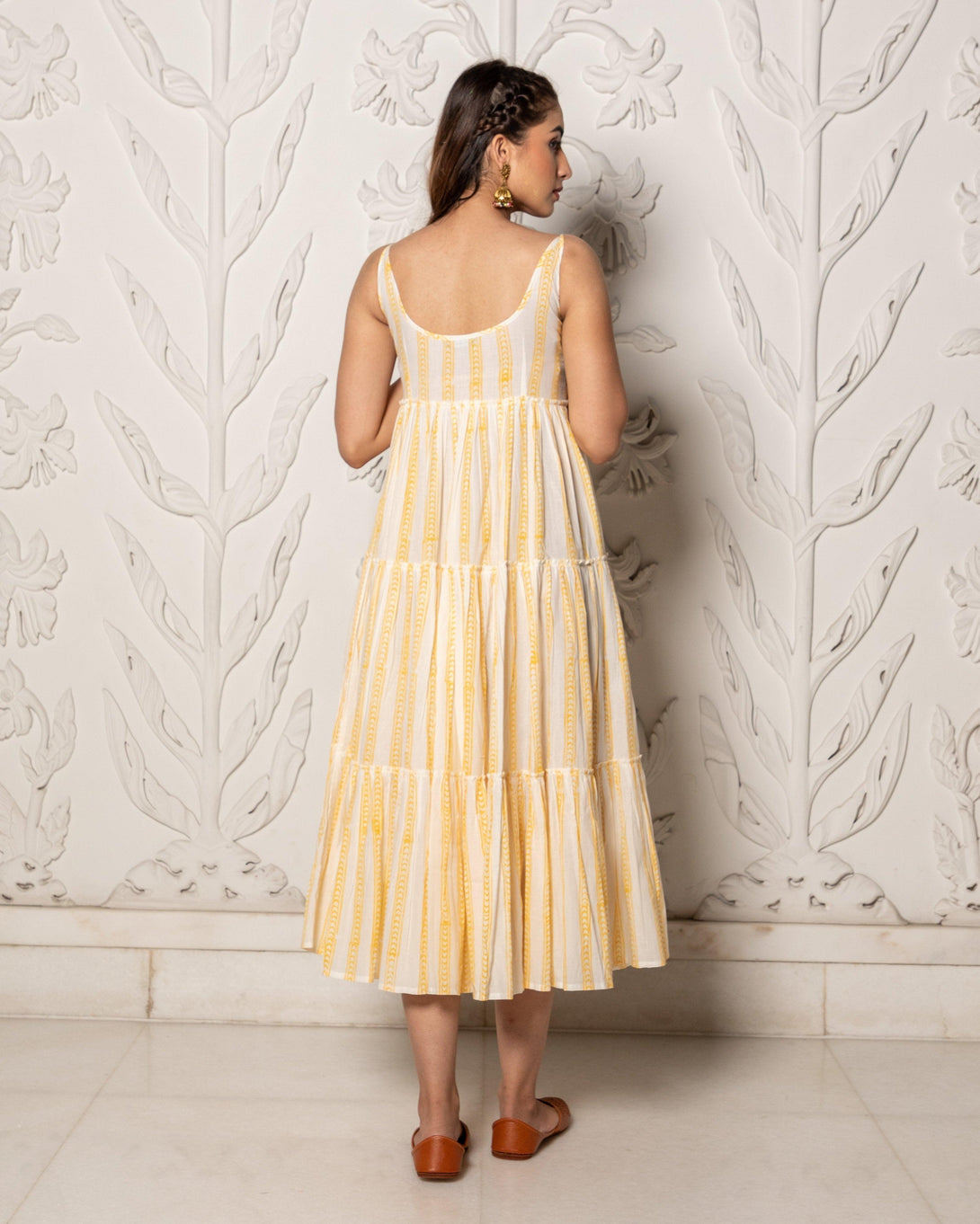 Women's Yellow & White Geometric Block Print Tyre Dress - Baisacrafts - Indiakreations