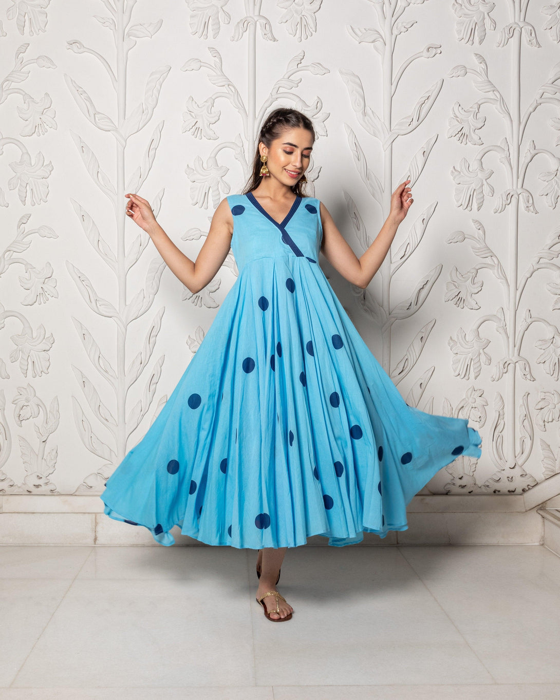 Women's Sky Blue Polka Dot Anghrakha Dress - Baisacrafts - Indiakreations