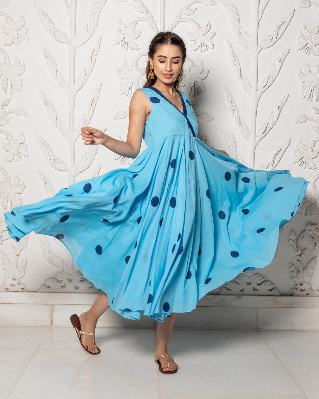 Women's Sky Blue Polka Dot Anghrakha Dress - Baisacrafts - Indiakreations