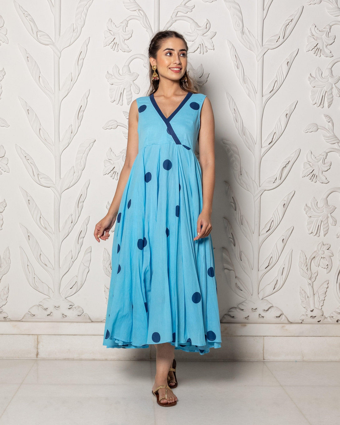 Women's Sky Blue Polka Dot Anghrakha Dress - Baisacrafts - Indiakreations