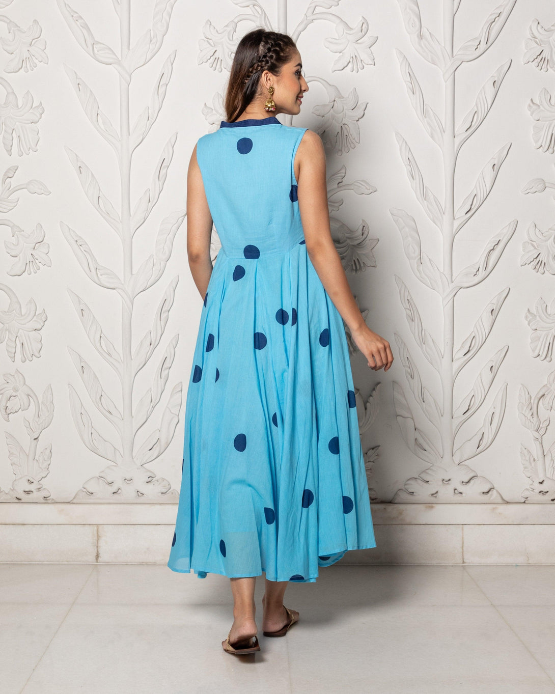 Women's Sky Blue Polka Dot Anghrakha Dress - Baisacrafts - Indiakreations