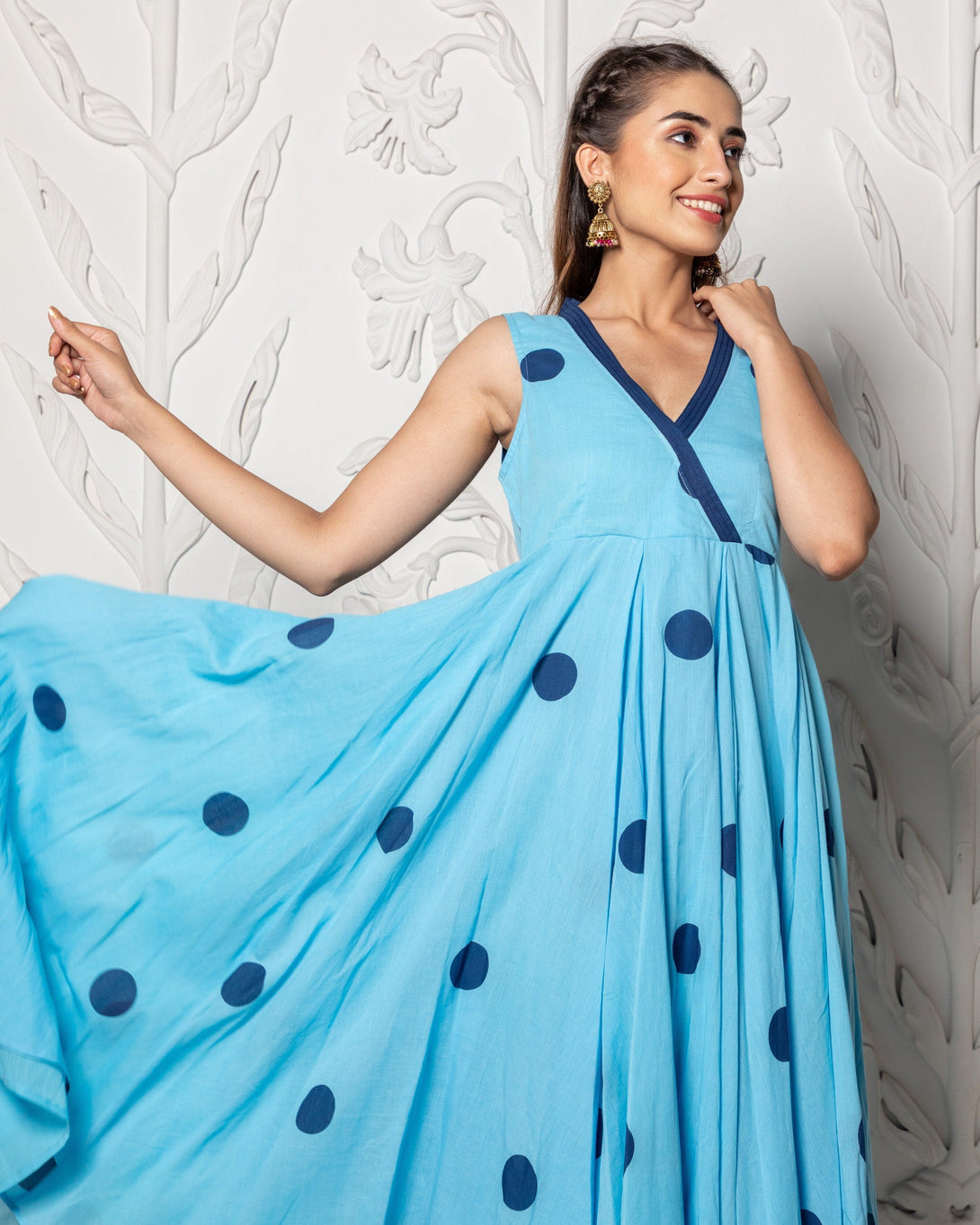 Women's Sky Blue Polka Dot Anghrakha Dress - Baisacrafts - Indiakreations