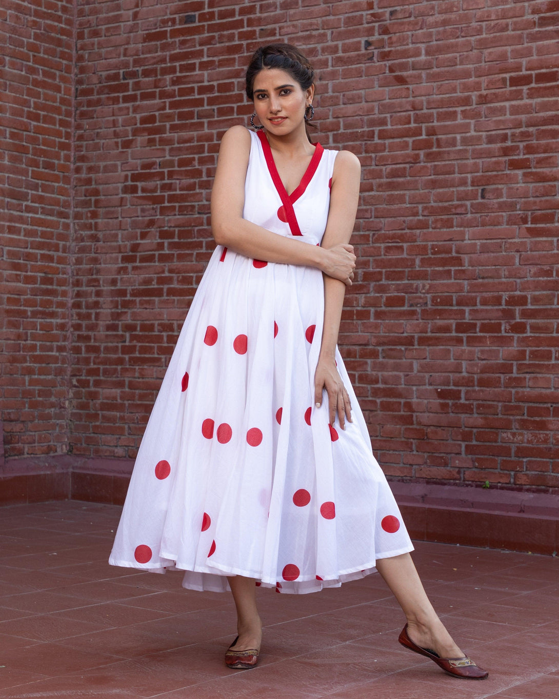 Women's White Polka Dot Anghrakha Dress - Baisacrafts - Indiakreations