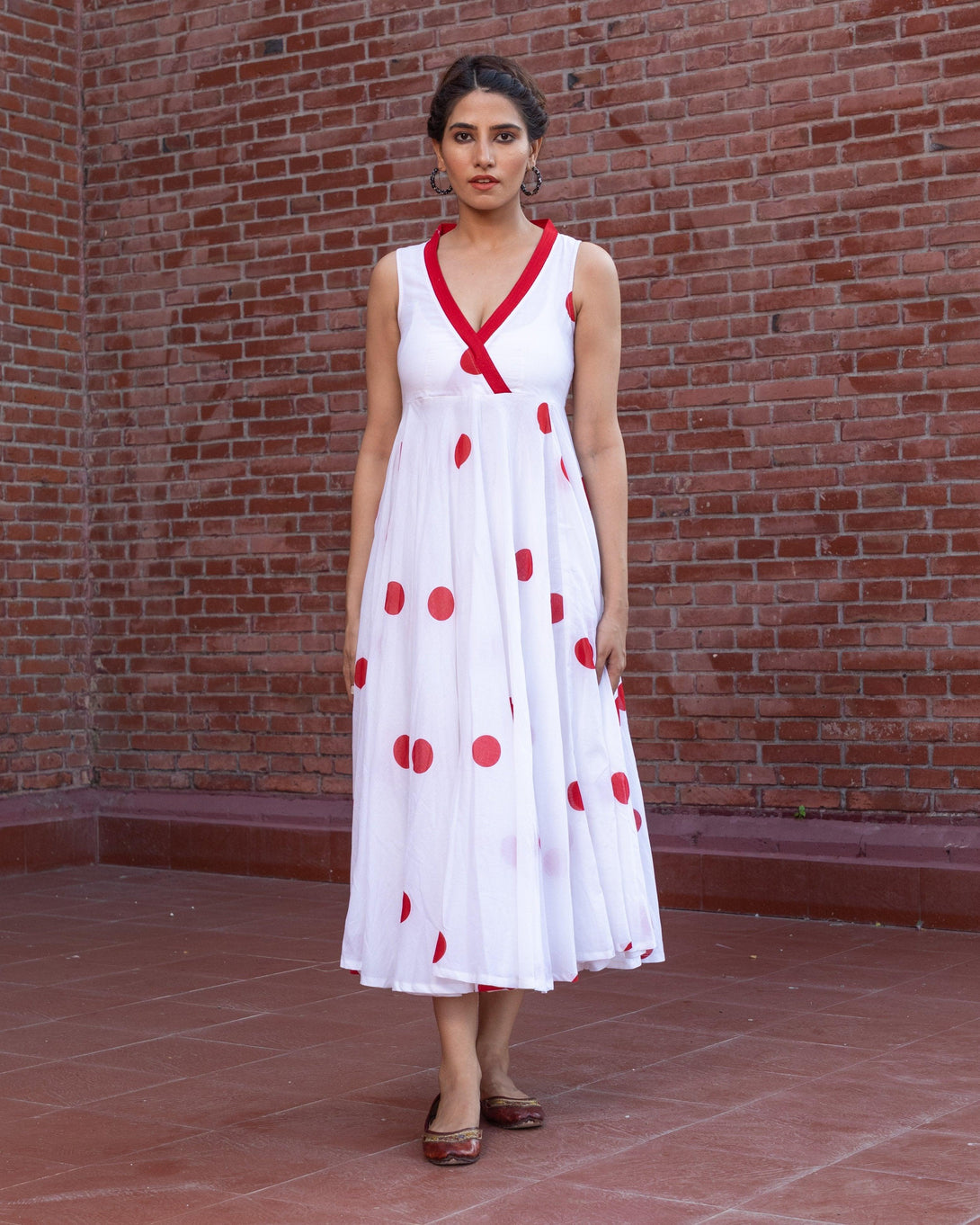 Women's White Polka Dot Anghrakha Dress - Baisacrafts - Indiakreations