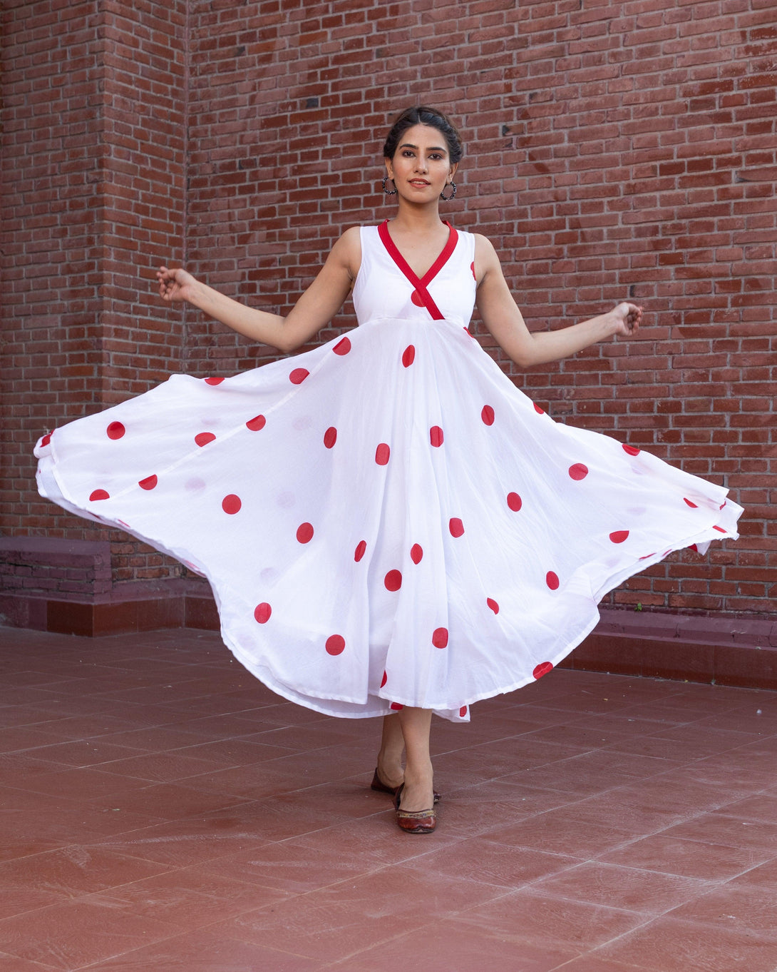 Women's White Polka Dot Anghrakha Dress - Baisacrafts - Indiakreations