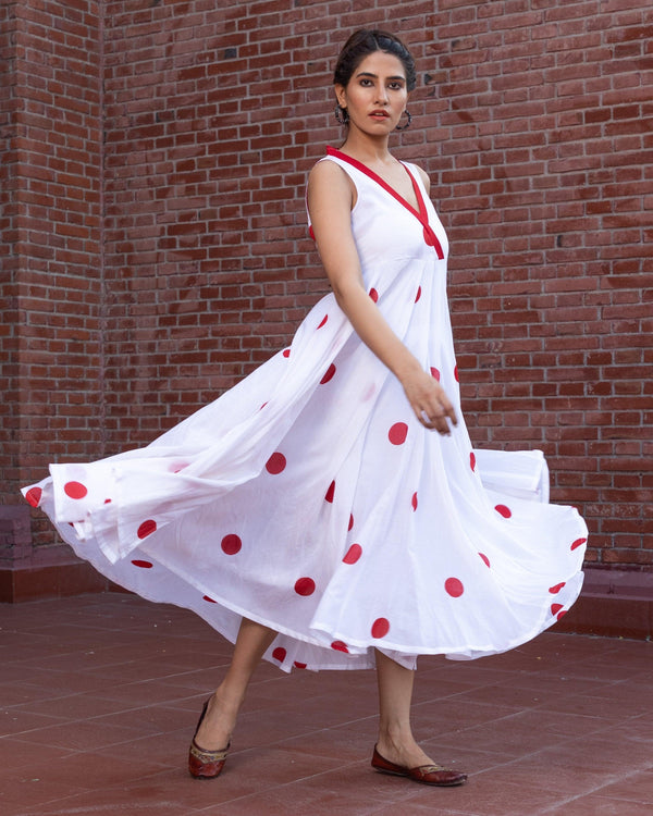 Women's White Polka Dot Anghrakha Dress - Baisacrafts - Indiakreations