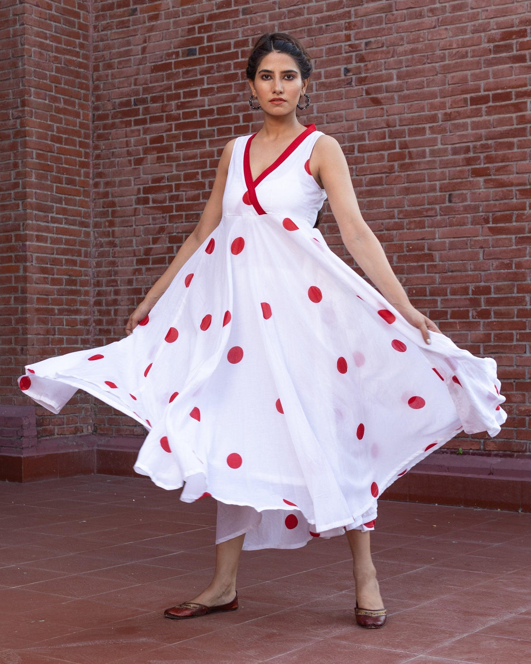 Women's White Polka Dot Anghrakha Dress - Baisacrafts - Indiakreations