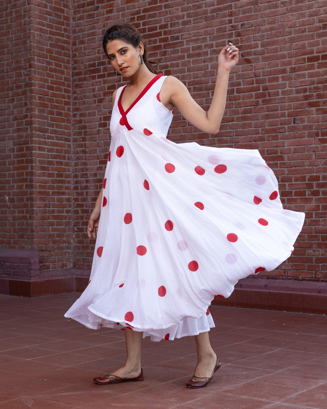 Women's White Polka Dot Anghrakha Dress - Baisacrafts - Indiakreations