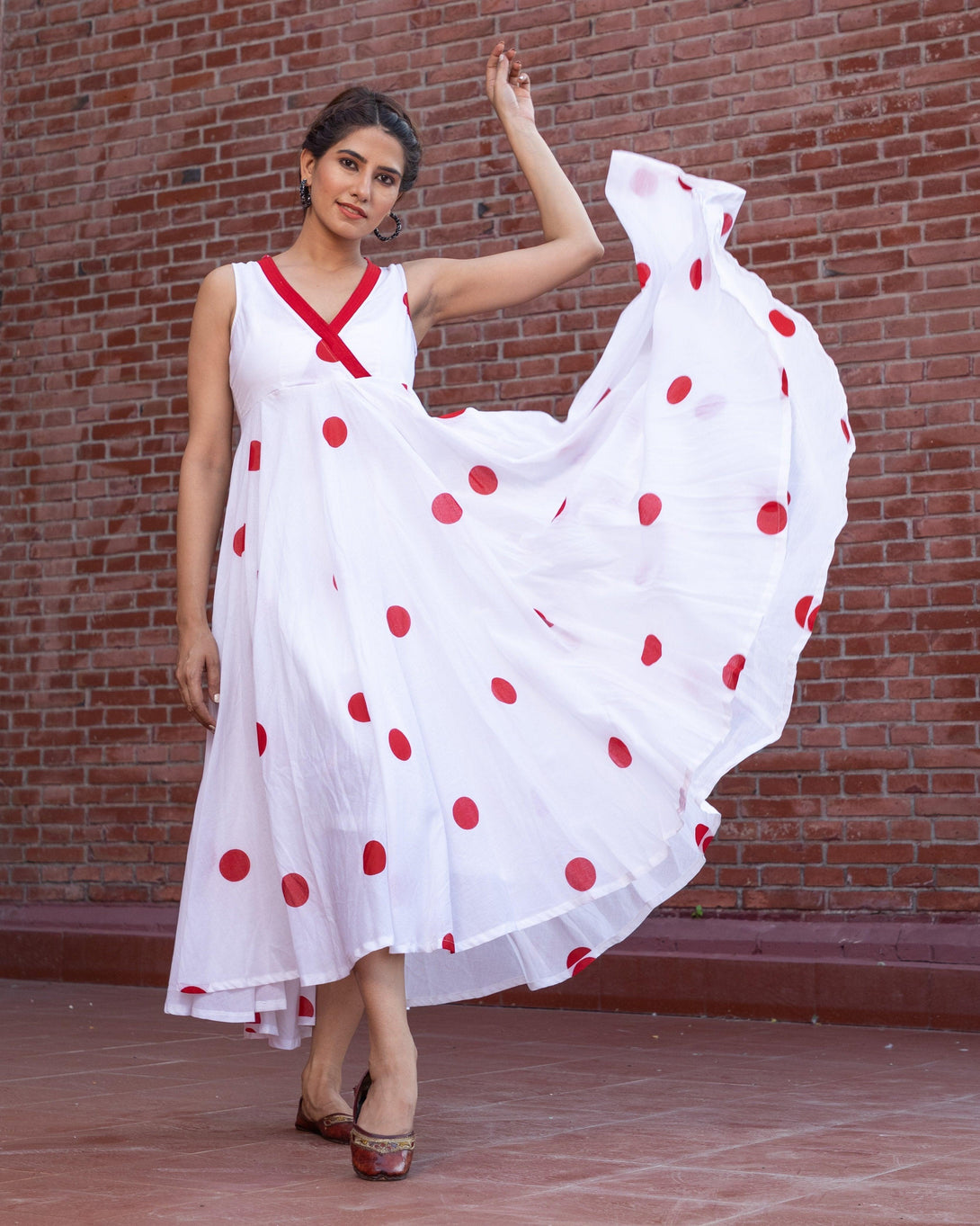 Women's White Polka Dot Anghrakha Dress - Baisacrafts - Indiakreations