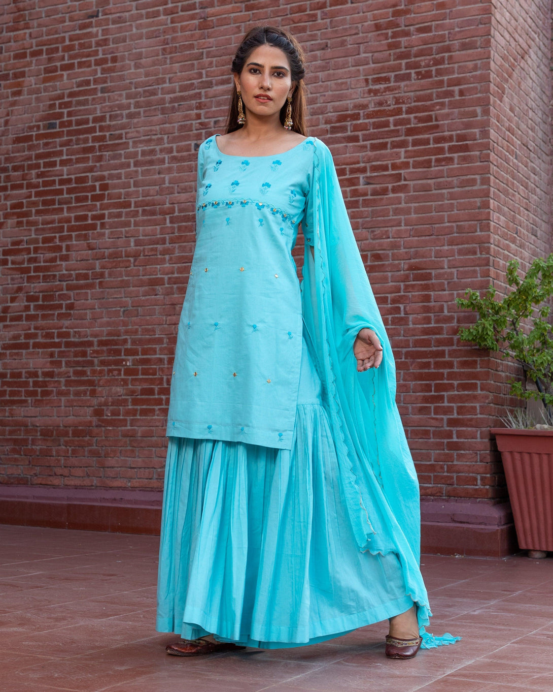 Women's Embroidery Cotton Sharara Suit Set - Baisacrafts - Indiakreations