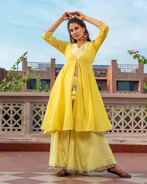 Women's Yellow Kurta Palazzo - Baisacrafts - Indiakreations