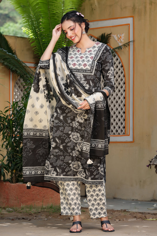 Women's Black Printed Kurta Set - Yufta