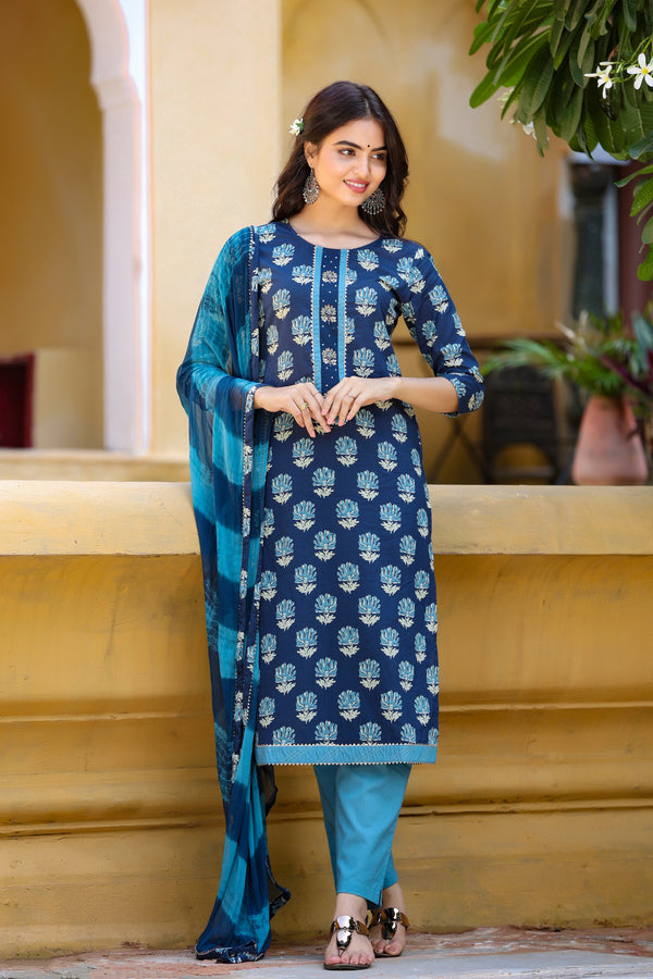 Women's Blue Printed Kurta Set - Yufta