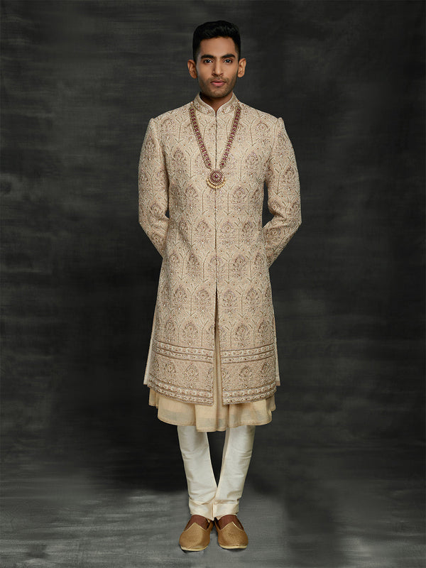 Beige Exquisite Silk Sherwani With Thread Work & Ethnic Mala