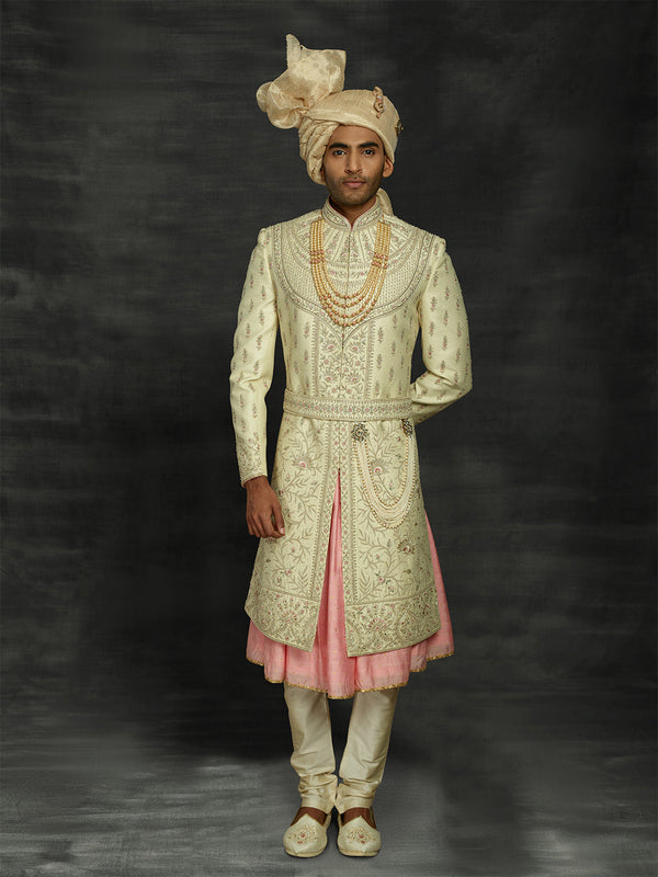 Shimmery Lemon Yellow Graceful Sherwani Set With Ethnic Motifs