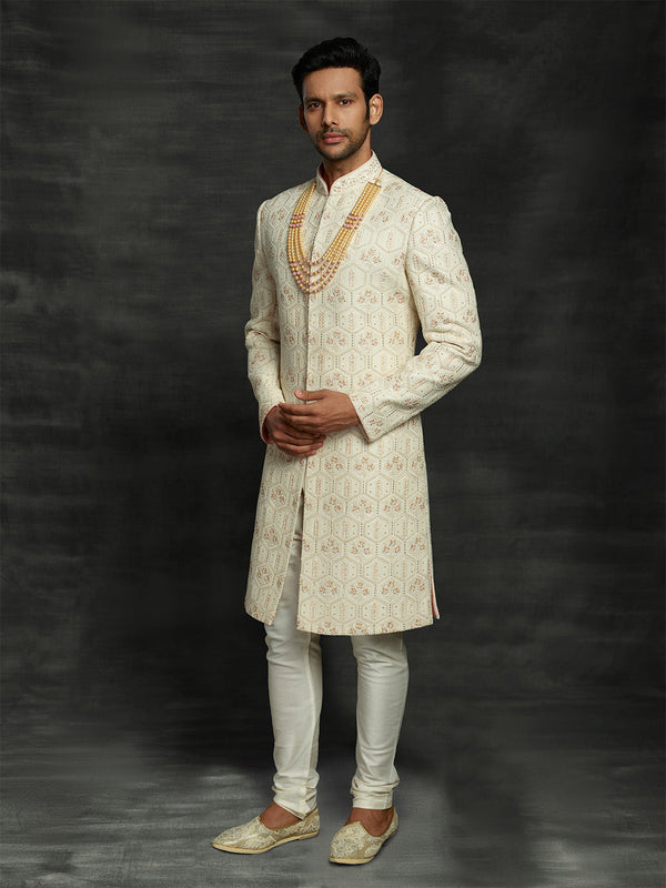 Cream Hexagonal Woven Embellished Silk Sherwani Set