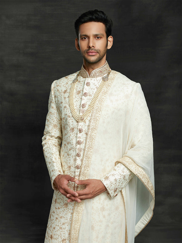 Cream Finely Embroidered Classic Silk Sherwani Set For Men