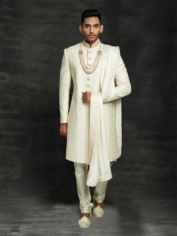 Off White Mens Silk Woven Embroidered Sherwani Set By Suvidha