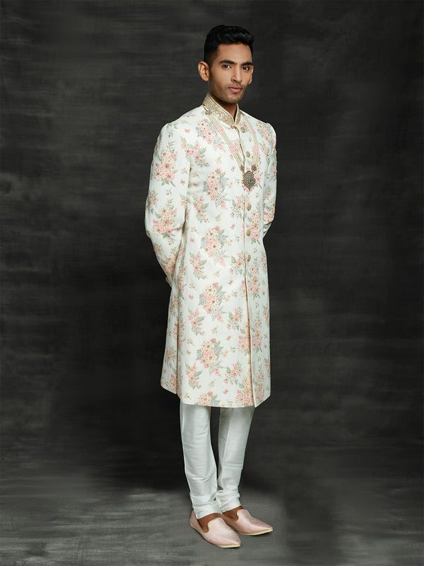 Regal White Silk Sherwani With Pink Floral Embroidery Work