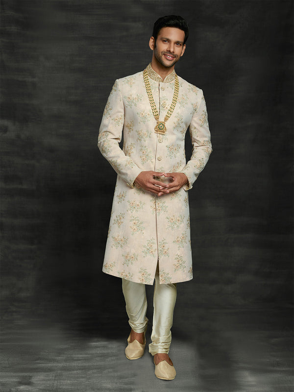 Golden Floral Work Refined Khaki Sherwani For Men