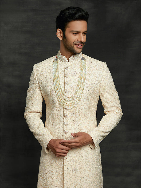 Exquisite Off White Thread Work Silk Sherwani For Men