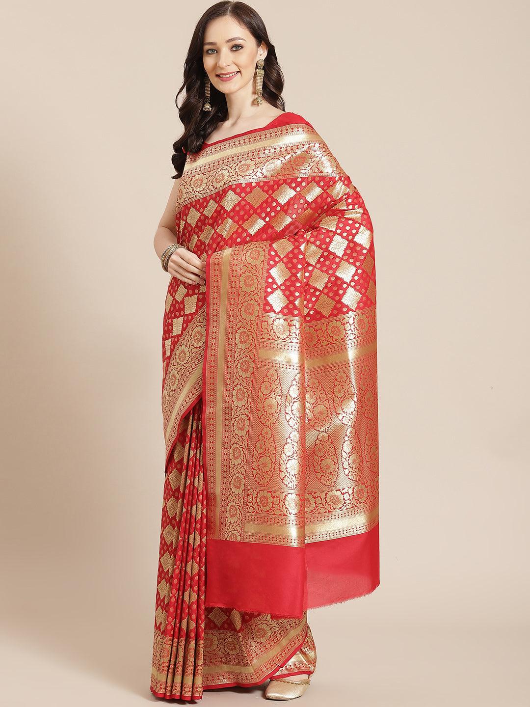 Women's Red Semi Silk Zari Woven Saree - Varanasi - Indiakreations