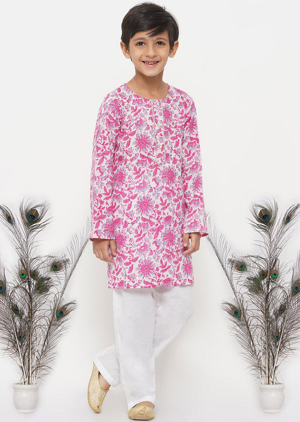 Boy's Cotton Thread Work Floral Kurta With Pearl Buttons And Pyjama In Pink And Cream - Little Bansi Boys