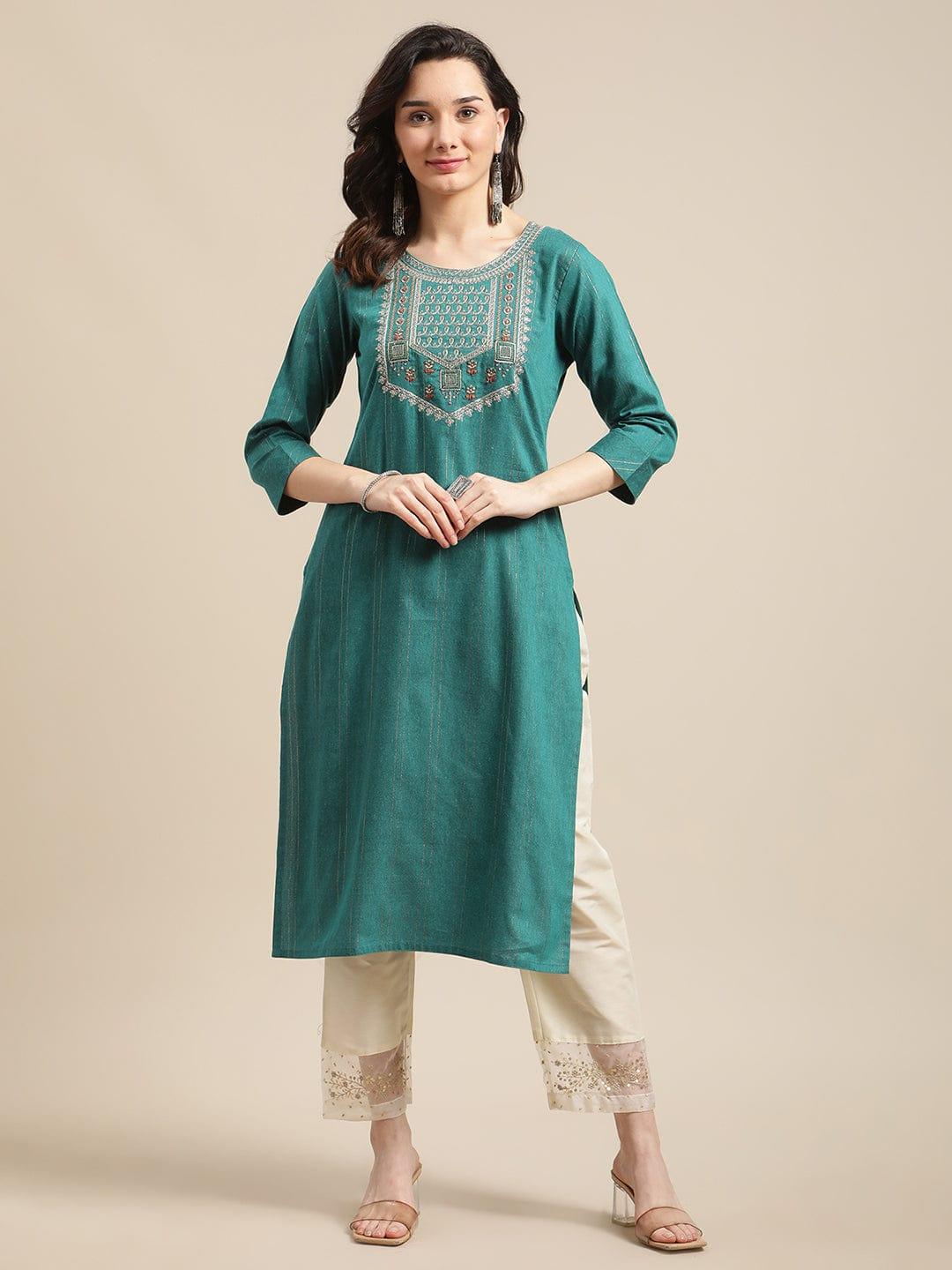 Turquoise Lurex Yoke Embroidery Straight Kurta - Indiakreations