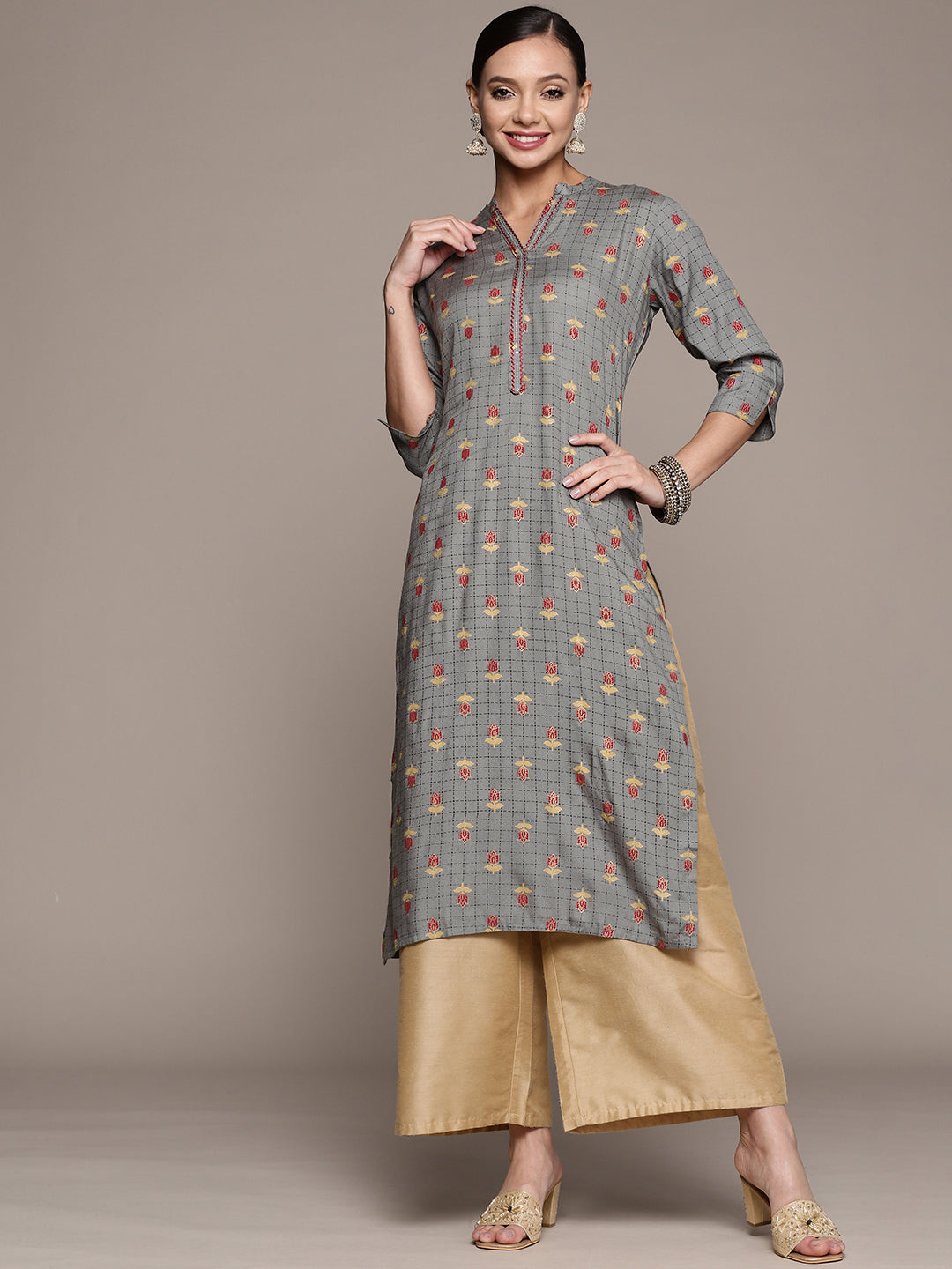 Women's Grey Threadwork Ethnic Motifs Printed Kurta - Anubhutee