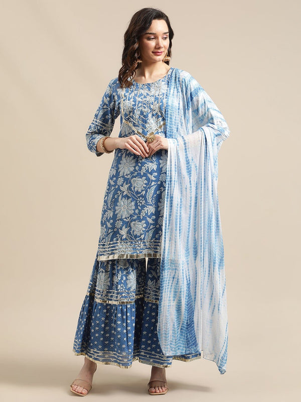 Women's Blue And White Floral Gota Embellished Printed Kurta Sharara Set With Tie N Dye Dupatta - Varanga