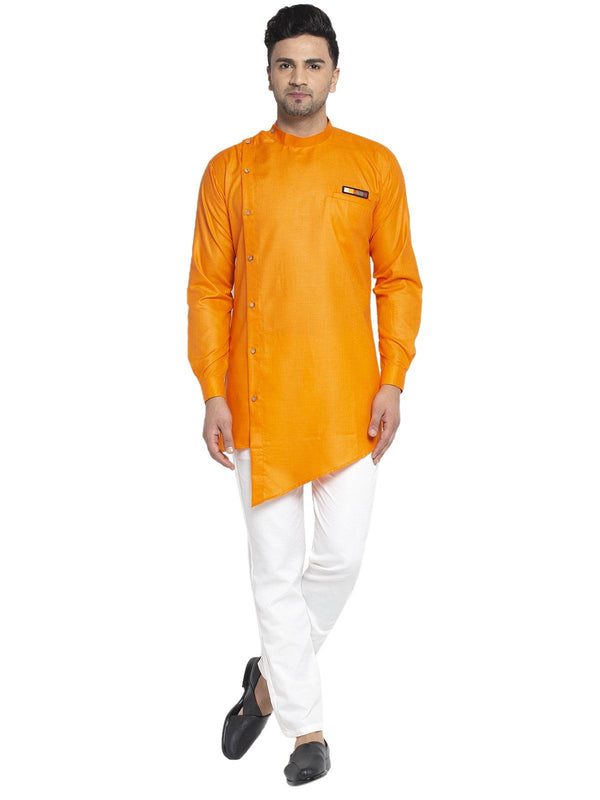 Men's Cotton Orange Asymmetric Solid Kurta With White Trousers - Benstoke - Indiakreations