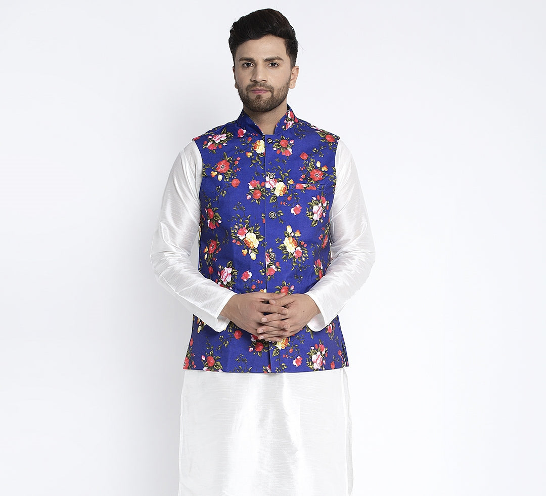 Men's Blue & Multi Printed Nehru Jacket - Benstoke