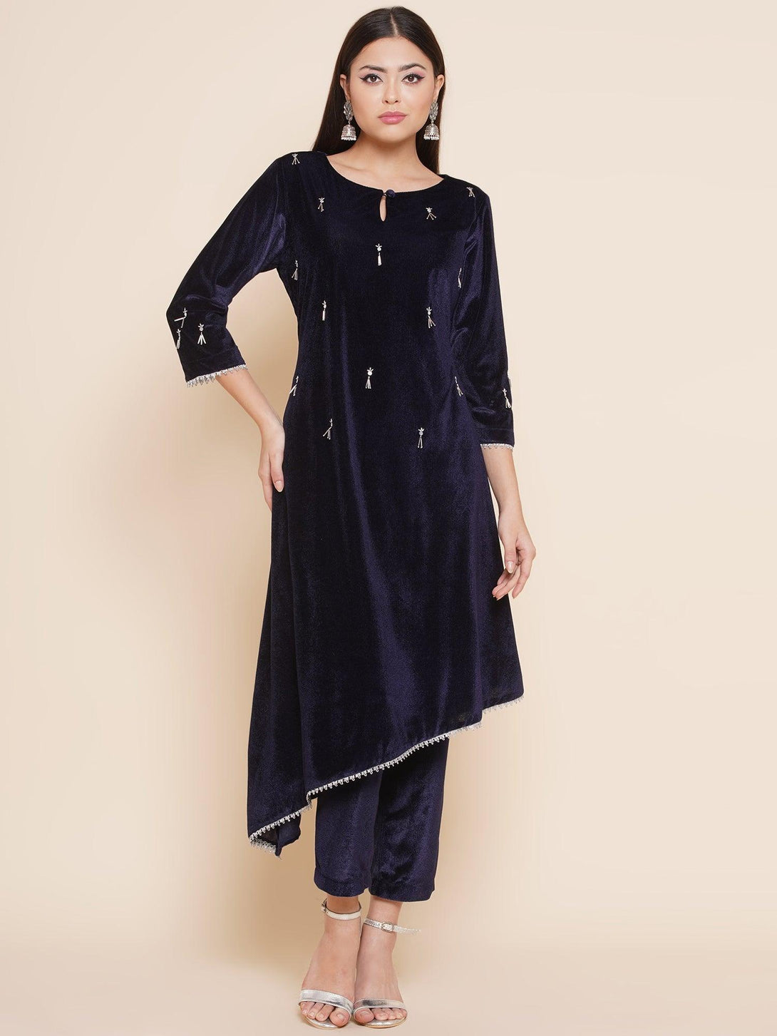 Women's Navy Blue Velvet Assymetrical Hand Embellished Kurta With Pants - Women Republic - Indiakreations